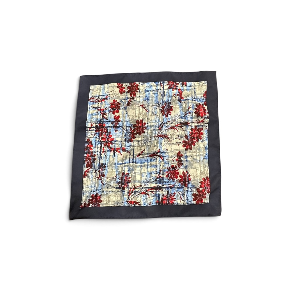 Unbranded Red Floral Blue Abstract 100% Silk Pocket‎ Square Scarf 13.5in Square